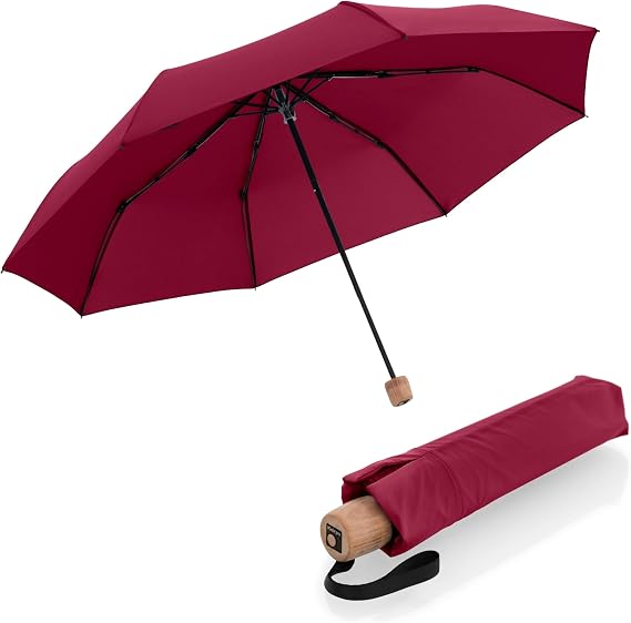Knirps TIMBER Portable Umbrella, 38" Travel Size Small Purse Umbrellas for Rain Wet Weather Gear for Adults, Water Resistant Cover Manual German Beech Wood Handle & Heavy Duty Windproof Frame