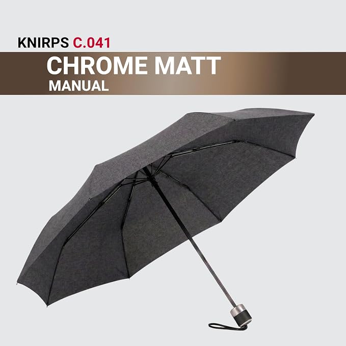 Knirps C.041 Chrome Matt Manual Rain Umbrella for Adults in Melange Black – Vegan Leather Handle, Wind Resistant Design, Lightweight Steel Fiberglass Frame, 39in Canopy, Protective Sleeve Included