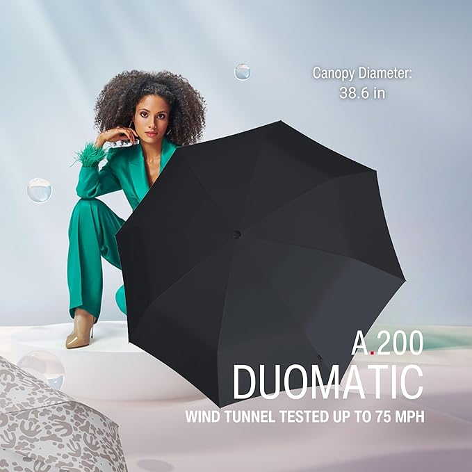 Knirps A.200 Medium Duomatic Windproof Rain Umbrella for Adults in Black with Black Coating – Automatic Open Close Design, 38.5" Wind Resistant Canopy, Durable Steel Frame, Travel Case Included
