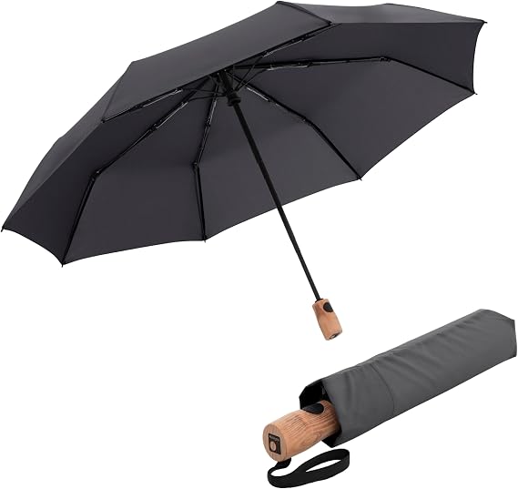 Knirps TIMBER Umbrella Compact Travel Essentials, Windproof Automatic Retractable Folding Water Resistant Rain Protection with Beech Wood Handle, Lightweight Portable Gear for Adults