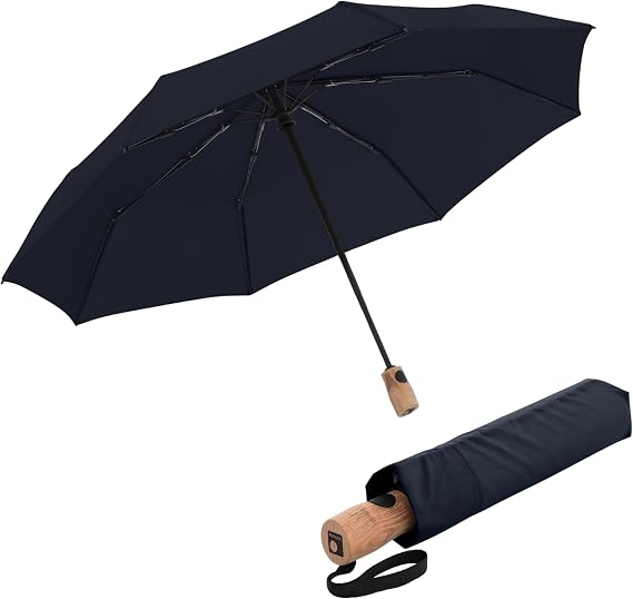 Knirps TIMBER Umbrella Compact Travel Essentials, Windproof Automatic Retractable Folding Water Resistant Rain Protection with Beech Wood Handle, Lightweight Portable Gear for Adults