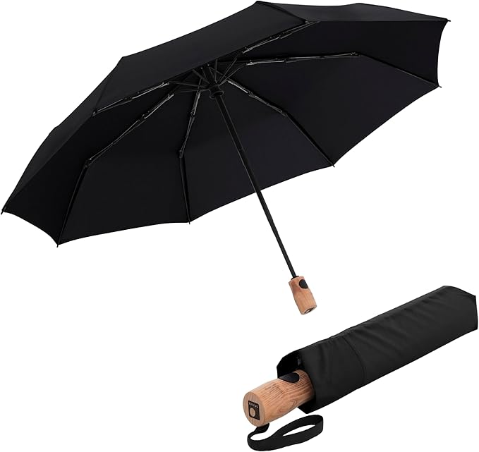 Knirps TIMBER Umbrella Compact Travel Essentials, Windproof Automatic Retractable Folding Water Resistant Rain Protection with Beech Wood Handle, Lightweight Portable Gear for Adults