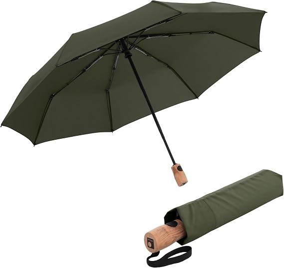 Knirps TIMBER Umbrella Compact Travel Essentials, Windproof Automatic Retractable Folding Water Resistant Rain Protection with Beech Wood Handle, Lightweight Portable Gear for Adults