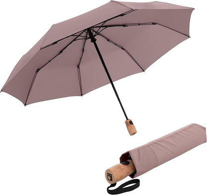 Knirps TIMBER Umbrella Compact Travel Essentials, Windproof Automatic Retractable Folding Water Resistant Rain Protection with Beech Wood Handle, Lightweight Portable Gear for Adults