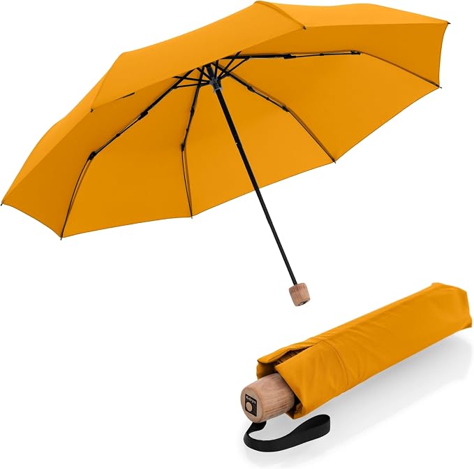Knirps TIMBER Portable Umbrella, 38" Travel Size Small Purse Umbrellas for Rain Wet Weather Gear for Adults, Water Resistant Cover Manual German Beech Wood Handle & Heavy Duty Windproof Frame