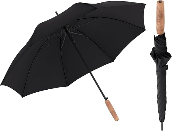 Knirps TIMBER Golf Umbrella for Rain & UV Protection Windproof Water Resistant Full Coverage Canopy Classic Large Walking Stick Umbrellas For Adults Designed with German Beech Wood Handle, Black