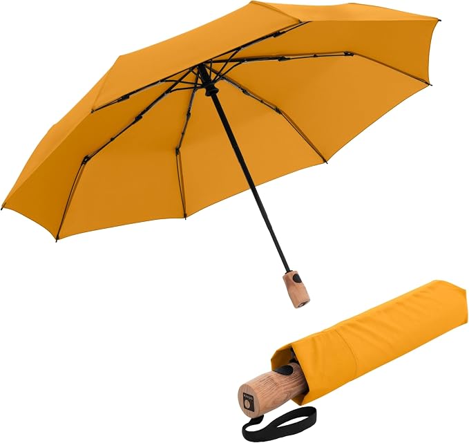 Knirps TIMBER Umbrella Compact Travel Essentials, Windproof Automatic Retractable Folding Water Resistant Rain Protection with Beech Wood Handle, Lightweight Portable Gear for Adults