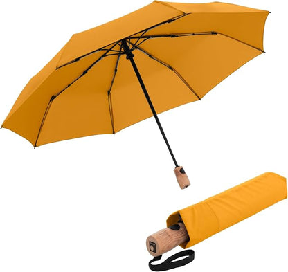 Knirps TIMBER Umbrella Compact Travel Essentials, Windproof Automatic Retractable Folding Water Resistant Rain Protection with Beech Wood Handle, Lightweight Portable Gear for Adults