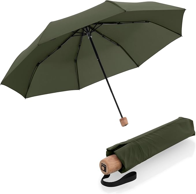 Knirps TIMBER Portable Umbrella, 38" Travel Size Small Purse Umbrellas for Rain Wet Weather Gear for Adults, Water Resistant Cover Manual German Beech Wood Handle & Heavy Duty Windproof Frame