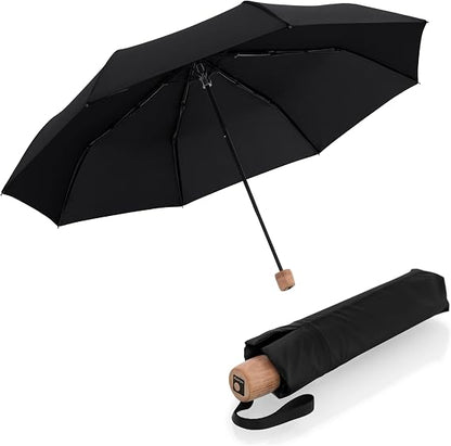 Knirps TIMBER Portable Umbrella, 38" Travel Size Small Purse Umbrellas for Rain Wet Weather Gear for Adults, Water Resistant Cover Manual German Beech Wood Handle & Heavy Duty Windproof Frame