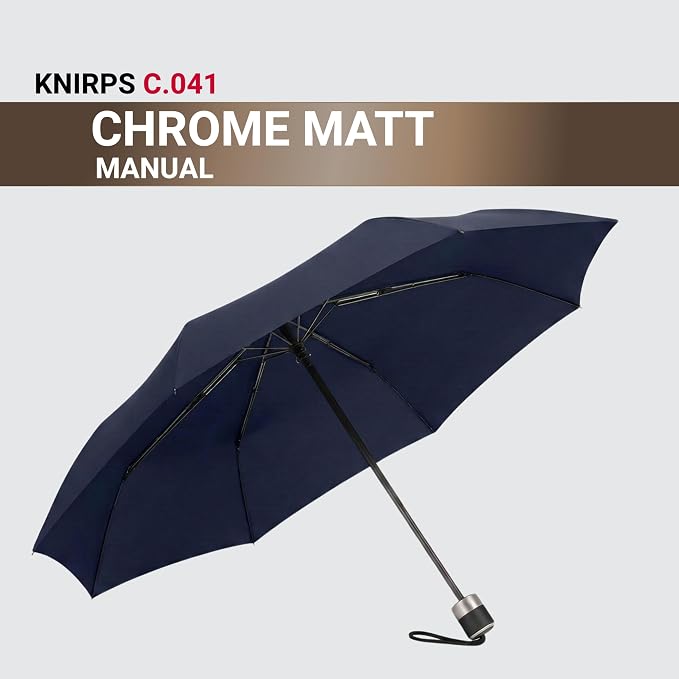 Knirps C.041 Chrome Matt Manual Rain Umbrella for Adults in Navy – Vegan Leather Handle, Wind Resistant Design, Lightweight Steel Fiberglass Frame, 39in Canopy, Protective Sleeve Included