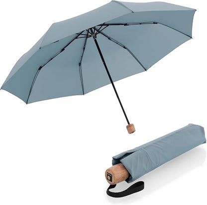 Knirps TIMBER Umbrella Compact Travel Essentials, Windproof Automatic Retractable Folding Water Resistant Rain Protection with Beech Wood Handle, Lightweight Portable Gear for Adults