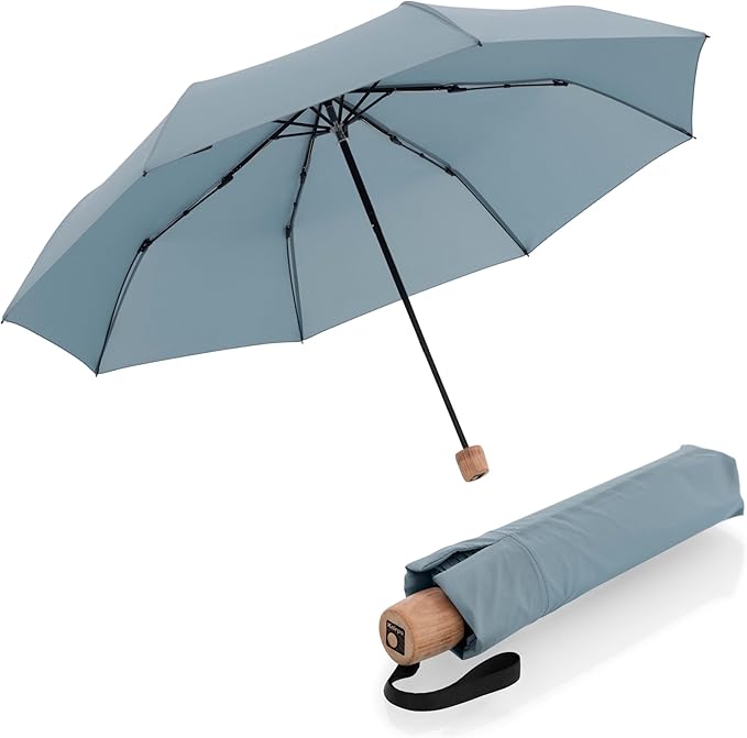 Knirps TIMBER Portable Umbrella, 38" Travel Size Small Purse Umbrellas for Rain Wet Weather Gear for Adults, Water Resistant Cover Manual German Beech Wood Handle & Heavy Duty Windproof Frame