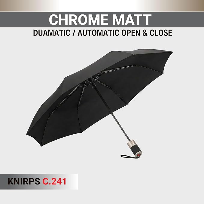 Knirps C.241 Chrome Matt Duomatic Umbrella for Adults in Black - Automatic Open and Close, Vegan Leather Handle, Wind Resistant Steel Fiberglass Frame, 39in Canopy, Protective Sleeve Included