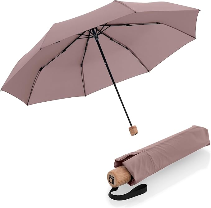 Knirps TIMBER Portable Umbrella, 38" Travel Size Small Purse Umbrellas for Rain Wet Weather Gear for Adults, Water Resistant Cover Manual German Beech Wood Handle & Heavy Duty Windproof Frame