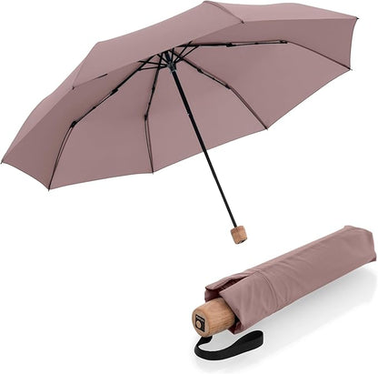 Knirps TIMBER Portable Umbrella, 38" Travel Size Small Purse Umbrellas for Rain Wet Weather Gear for Adults, Water Resistant Cover Manual German Beech Wood Handle & Heavy Duty Windproof Frame