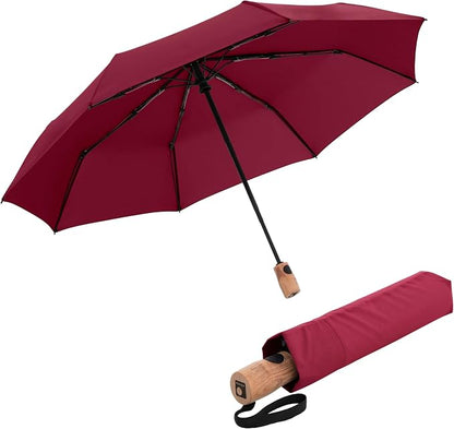 Knirps TIMBER Umbrella Compact Travel Essentials, Windproof Automatic Retractable Folding Water Resistant Rain Protection with Beech Wood Handle, Lightweight Portable Gear for Adults, Hibiscus