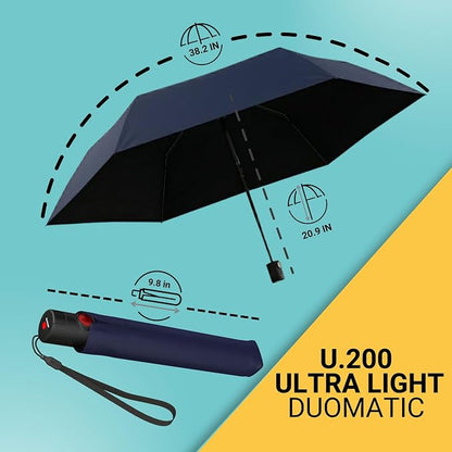 Knirps U.200 Compact Lightweight Travel Umbrella in Navy, Auto Open Close, 4-in-1 Heat Shield Sun Rain, UPF 50+ Blocks 99.95% UV, Reduces Temp 40%, Cuts Glare 99.99%, Windproof 75mph