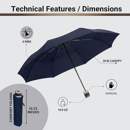 Knirps C.041 Chrome Matt Manual Rain Umbrella for Adults in Navy – Vegan Leather Handle, Wind Resistant Design, Lightweight Steel Fiberglass Frame, 39in Canopy, Protective Sleeve Included