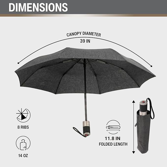 Knirps C.241 Chrome Matt Duomatic Umbrella for Adults in Melange Black - Automatic Open and Close, Vegan Leather Handle, Wind Resistant Steel Fiberglass Frame, 39in Canopy, Protective Sleeve Included