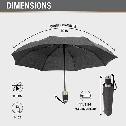 Knirps C.241 Chrome Matt Duomatic Umbrella for Adults in Melange Black - Automatic Open and Close, Vegan Leather Handle, Wind Resistant Steel Fiberglass Frame, 39in Canopy, Protective Sleeve Included