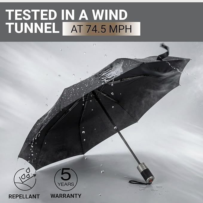 Knirps C.241 Chrome Matt Duomatic Umbrella for Adults in Black - Automatic Open and Close, Vegan Leather Handle, Wind Resistant Steel Fiberglass Frame, 39in Canopy, Protective Sleeve Included