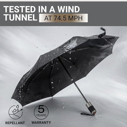 Knirps C.241 Chrome Matt Duomatic Umbrella for Adults in Black - Automatic Open and Close, Vegan Leather Handle, Wind Resistant Steel Fiberglass Frame, 39in Canopy, Protective Sleeve Included