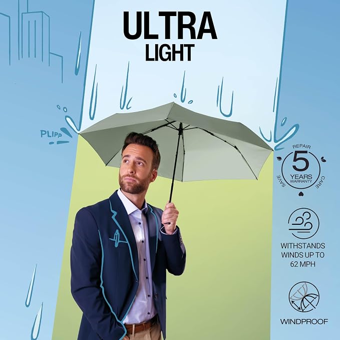 Knirps US.050 Compact Lightweight Travel Umbrella in Wasabi, Manual Open, 4-in-1 Heat Shield UPF 50+ Blocks 99.95% UV, Reduces Temp 40%, Cuts Glare 99.99%, Windproof 75mph, Pocket Size