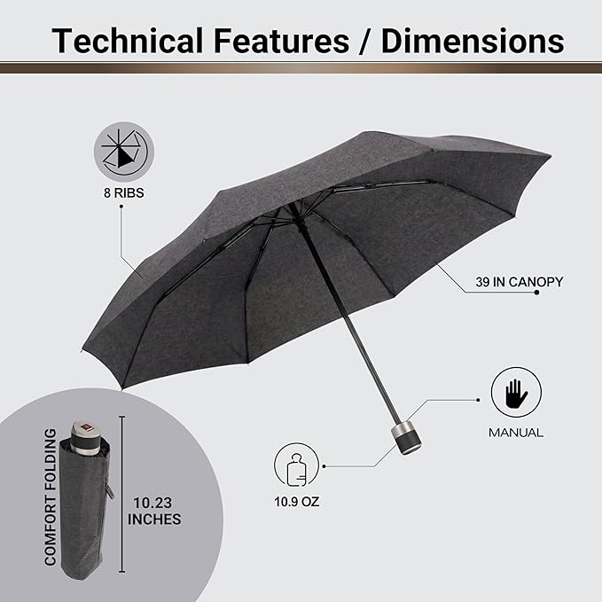 Knirps C.041 Chrome Matt Manual Rain Umbrella for Adults in Melange Black – Vegan Leather Handle, Wind Resistant Design, Lightweight Steel Fiberglass Frame, 39in Canopy, Protective Sleeve Included
