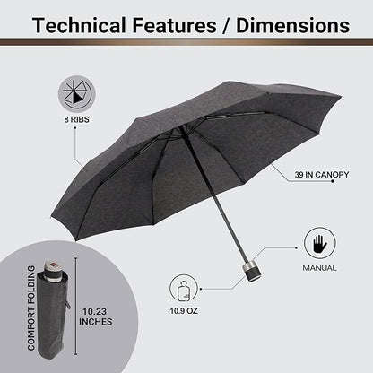 Knirps C.041 Chrome Matt Manual Rain Umbrella for Adults in Melange Black – Vegan Leather Handle, Wind Resistant Design, Lightweight Steel Fiberglass Frame, 39in Canopy, Protective Sleeve Included