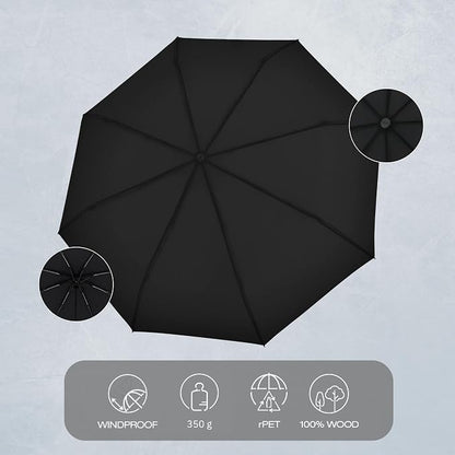 Knirps TIMBER Travel Umbrella with Automatic Open and Close Function – Compact Folding Windproof Rain Protection with Beech Wood Handle, Lightweight Portable Umbrellas For Adults, Black