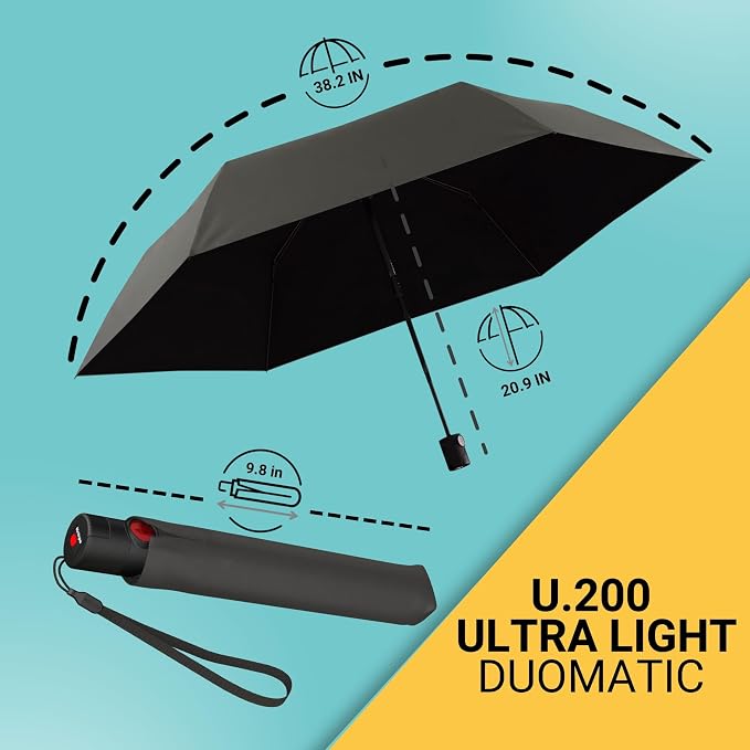 Knirps U.200 Compact Lightweight Travel Umbrella in Dark Gray, Auto Open Close, 4-in-1 Heat Shield Sun Rain, UPF 50+ Blocks 99.95% UV, Reduces Temp 40%, Cuts Glare 99.99%, Windproof 75mph