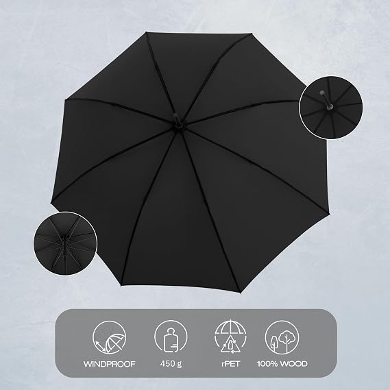 Knirps TIMBER Golf Umbrella for Rain & UV Protection Windproof Water Resistant Full Coverage Canopy Classic Large Walking Stick Umbrellas For Adults Designed with German Beech Wood Handle, Black