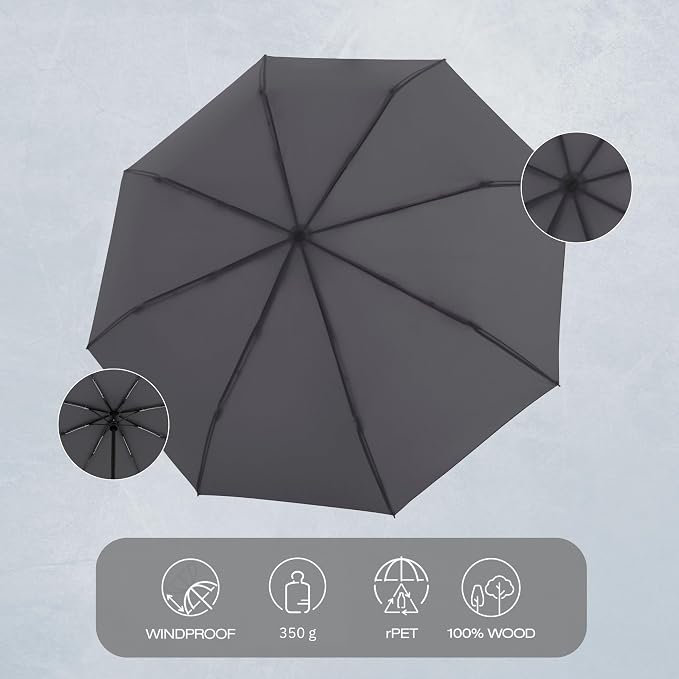 Knirps TIMBER Windproof Umbrella Travel Essentials, Automatic Open Close - Umbrellas for Men & For Women Fits Small Purse, Bag and Backpack, Compact Rain Protection with Beech Wood Handle, Dark Grey