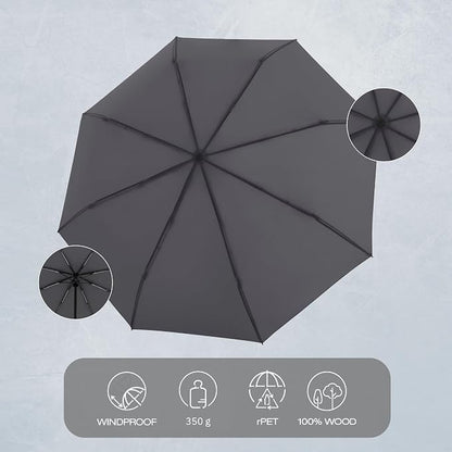 Knirps TIMBER Windproof Umbrella Travel Essentials, Automatic Open Close - Umbrellas for Men & For Women Fits Small Purse, Bag and Backpack, Compact Rain Protection with Beech Wood Handle, Dark Grey