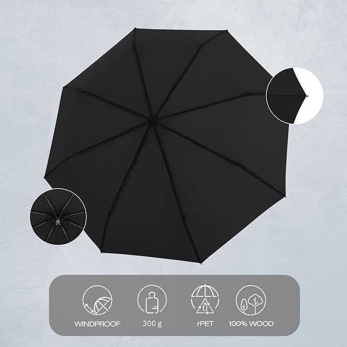 Knirps TIMBER Black Umbrella - Travel Essentials For Women or For Men, 38" Compact Outdoor Umbrella with Manual Open German Beech Wood Handle, Windproof Tested Frame Rain Protection with Carrying Case