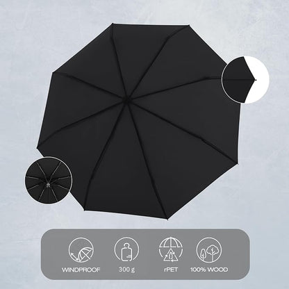 Knirps TIMBER Black Umbrella - Travel Essentials For Women or For Men, 38" Compact Outdoor Umbrella with Manual Open German Beech Wood Handle, Windproof Tested Frame Rain Protection with Carrying Case