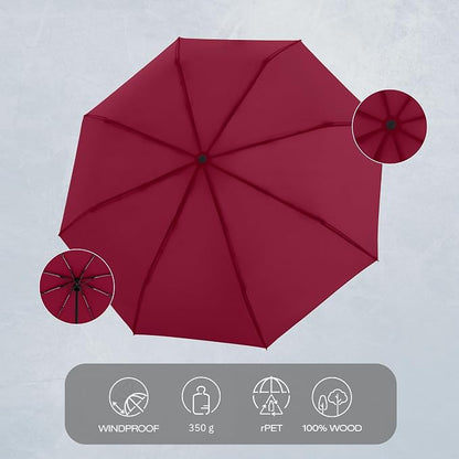 Knirps TIMBER Umbrella Compact Travel Essentials, Windproof Automatic Retractable Folding Water Resistant Rain Protection with Beech Wood Handle, Lightweight Portable Gear for Adults, Hibiscus