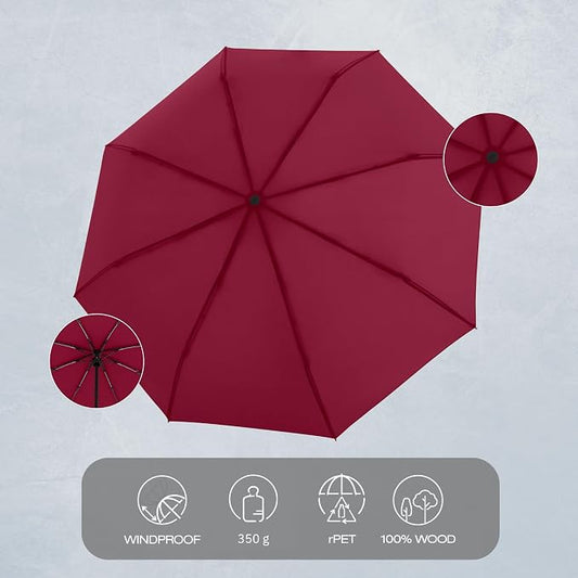 Knirps TIMBER Umbrella Compact Travel Essentials, Windproof Automatic Retractable Folding Water Resistant Rain Protection with Beech Wood Handle, Lightweight Portable Gear for Adults