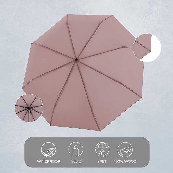 Knirps TIMBER Umbrella Travel Size Full Coverage Rain Gear Small Purse or Backpack Accessories For Women & For Men, Heavy Duty Windproof Umbrellas with Manual German Beech Wood Handle, Heather