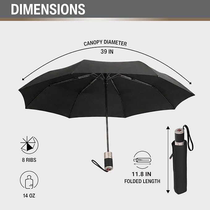 Knirps C.241 Chrome Matt Duomatic Umbrella for Adults in Black - Automatic Open and Close, Vegan Leather Handle, Wind Resistant Steel Fiberglass Frame, 39in Canopy, Protective Sleeve Included