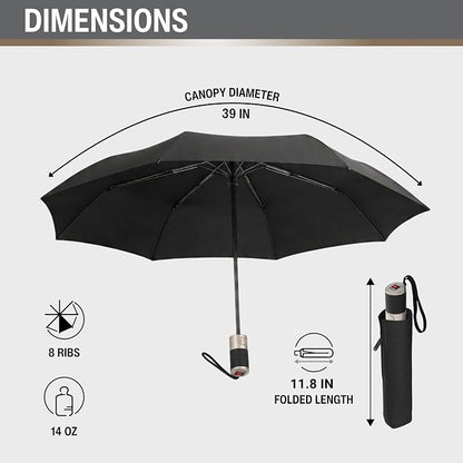 Knirps C.241 Chrome Matt Duomatic Umbrella for Adults in Black - Automatic Open and Close, Vegan Leather Handle, Wind Resistant Steel Fiberglass Frame, 39in Canopy, Protective Sleeve Included