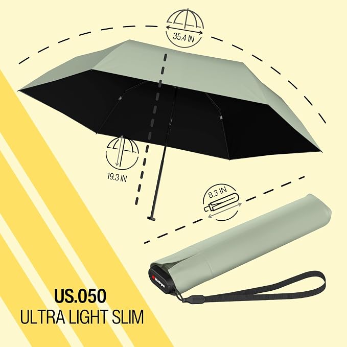 Knirps US.050 Compact Lightweight Travel Umbrella in Wasabi, Manual Open, 4-in-1 Heat Shield UPF 50+ Blocks 99.95% UV, Reduces Temp 40%, Cuts Glare 99.99%, Windproof 75mph, Pocket Size