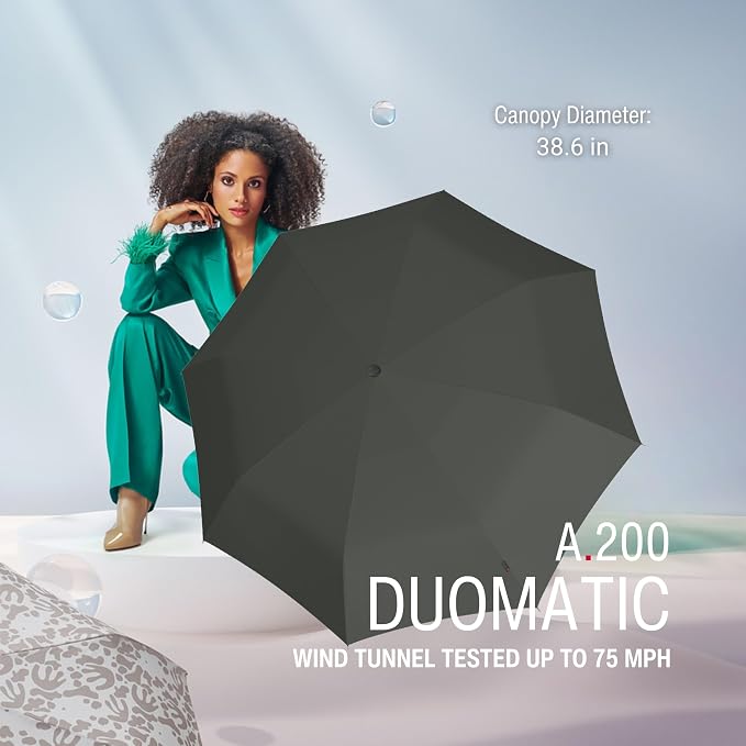 Knirps A.200 Medium Duomatic Windproof Rain Umbrella for Adults in Dark Grey with Black Coating – Automatic Open Close Design, 38.5" Wind Resistant Canopy, Durable Steel Frame, Travel Case Included