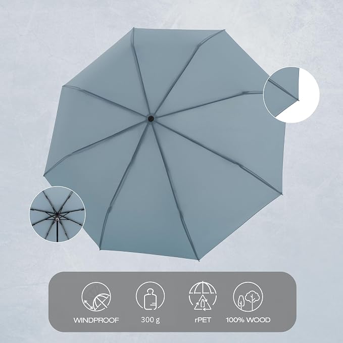 Knirps TIMBER Windproof Umbrella, Compact Travel Essentials Sun Protection & Rain Protection For Women & For Men, Manual Umbrellas with Water Resistant Carrying Case & German Beech Wood Handle, Cloud