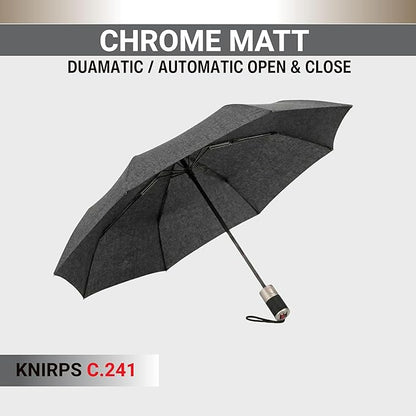 Knirps C.241 Chrome Matt Duomatic Umbrella for Adults in Melange Black - Automatic Open and Close, Vegan Leather Handle, Wind Resistant Steel Fiberglass Frame, 39in Canopy, Protective Sleeve Included