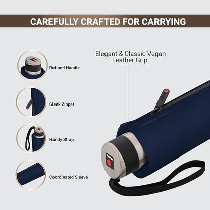 Knirps C.041 Chrome Matt Manual Rain Umbrella for Adults in Navy – Vegan Leather Handle, Wind Resistant Design, Lightweight Steel Fiberglass Frame, 39in Canopy, Protective Sleeve Included