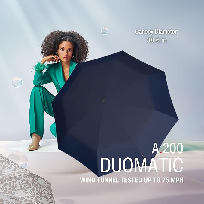 Knirps A.200 Medium Duomatic Windproof Rain Umbrella for Adults in Navy with Black Coating – Automatic Open Close Design, 38.5" Wind Resistant Canopy, Durable Steel Frame, Travel Case Included