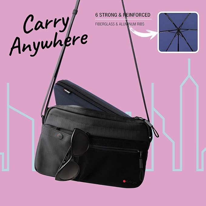 Knirps X4U My Clever Companion– 90cm Diameter Windproof Manual Open/Close Umbrella, Small and Compact Design for Travel and All Weather Protection, with Retractable Feature and Travel Case, Navy w/ Black Coating