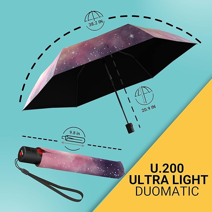 Knirps U.200 Compact Lightweight Travel Umbrella in Cosmic, Auto Open Close, 4-in-1 Heat Shield Sun Rain, UPF 50+ Blocks 99.95% UV, Reduces Temp 40%, Cuts Glare 99.99%, Windproof 75mph